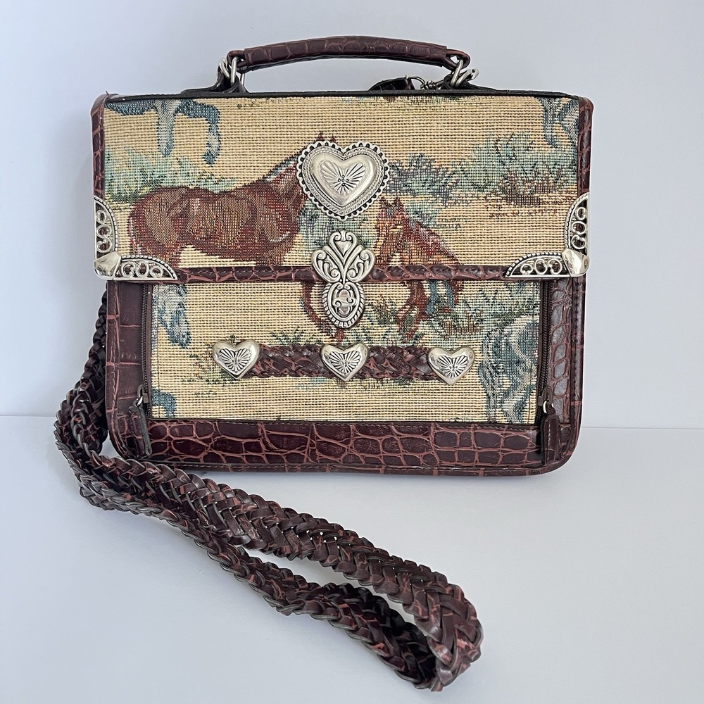 Vtg horse tapestry leather purse bag croc embossed LOTS of compartments 10x12